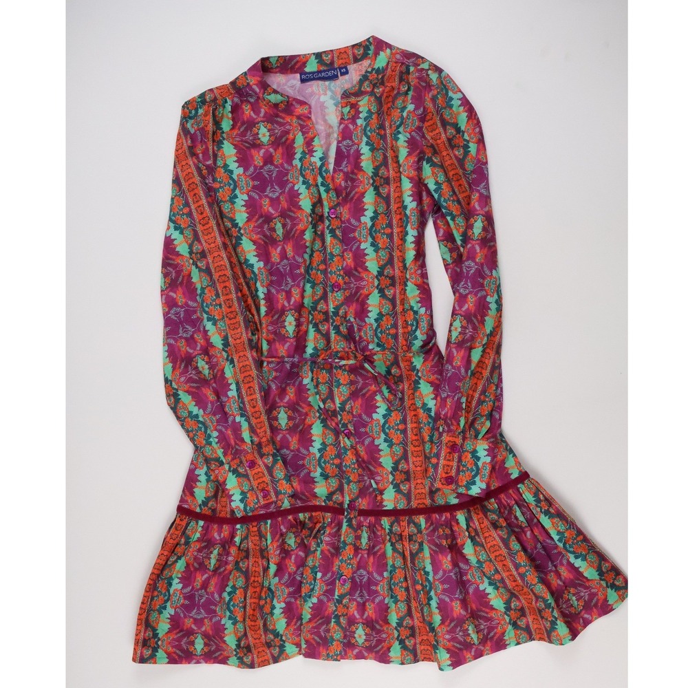Ro's Garden Shirt Dress Ruffle Mini Purple Floral Paisley XS Cotton